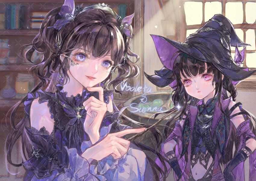 2girls, absurdres, annoyed, bare_shoulders, black_dress, black_gloves, black_hair, black_hairband