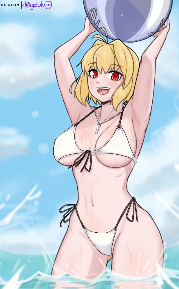 1girl, ahoge, arcueid_brunestud, ball, beachball, bikini, blonde_hair, blue_sky