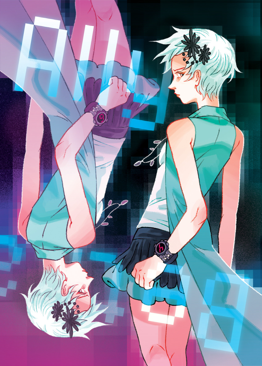 1girl, aqua_jacket, black_flower, black_skirt, closed_mouth, commentary, english_commentary, english_text