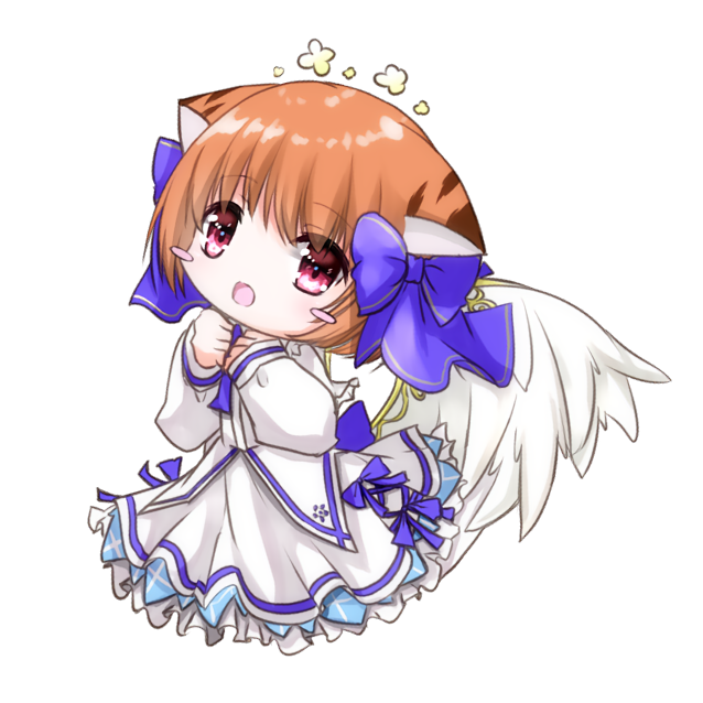 1boy, alternate_costume, animal_ears, blue_ribbon, cat_boy, cat_ears, crossdressing, crossdressing_(mtf), emil_chronicle_online, frilled_skirt, frills, ghost_boy, ghost_tail, hair_ribbon, halo, nekomata_anzu, open_mouth, orange_hair, red_eyes, ribbon, shirt, skirt, solo, star_halo, tkht_sato, white_background, white_shirt, white_skirt, white_wings, wing_ornament, wings