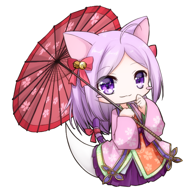 1girl, :3, alternate_costume, animal_ears, bell, blush_stickers, cat_ears, cat_girl, cat_tail, emil_chronicle_online, ghost_girl, ghost_tail, hair_bell, hair_ornament, hair_ribbon, holding, holding_umbrella, japanese_clothes, kimono, nekomata_sumire, oil-paper_umbrella, pink_kimono, purple_eyes, purple_hair, red_ribbon, ribbon, solo, tail, tkht_sato, umbrella, white_background