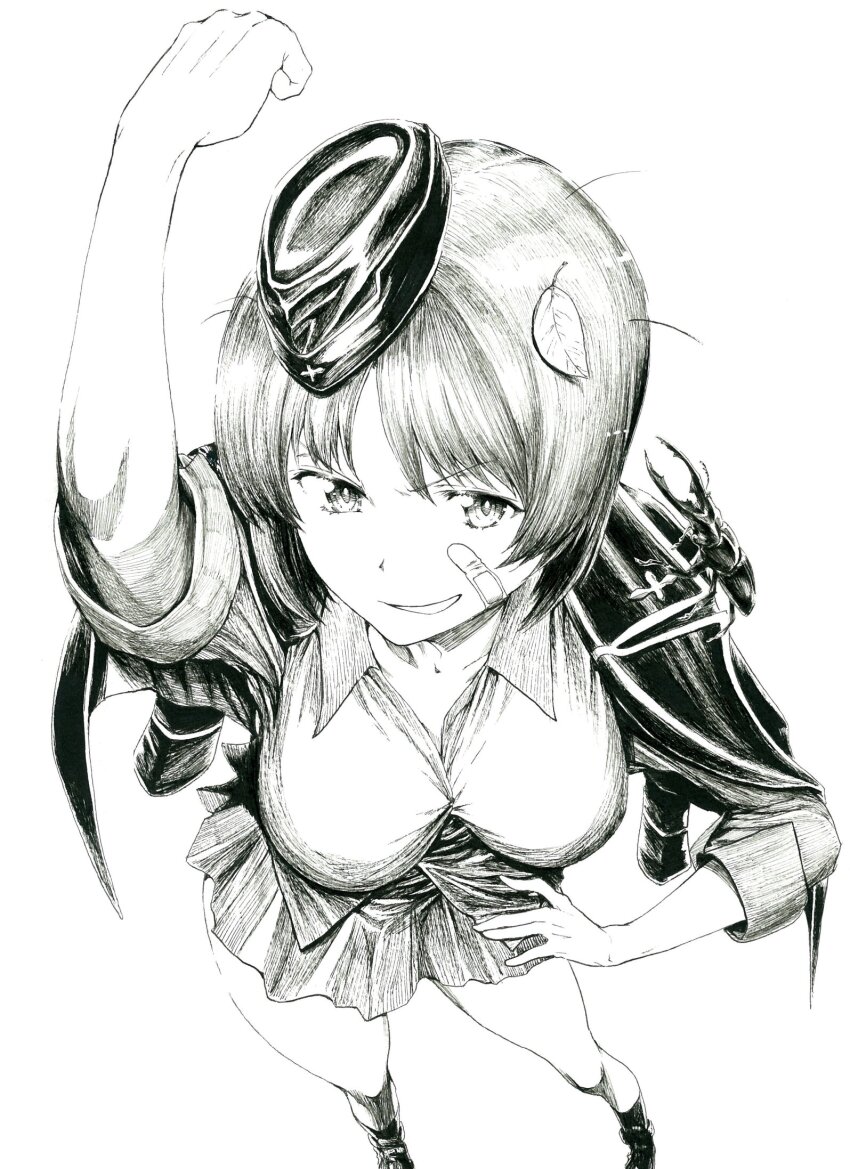 1girl, arm_up, bandaid, bandaid_on_face, breasts, collarbone, collared_shirt, dress_shirt