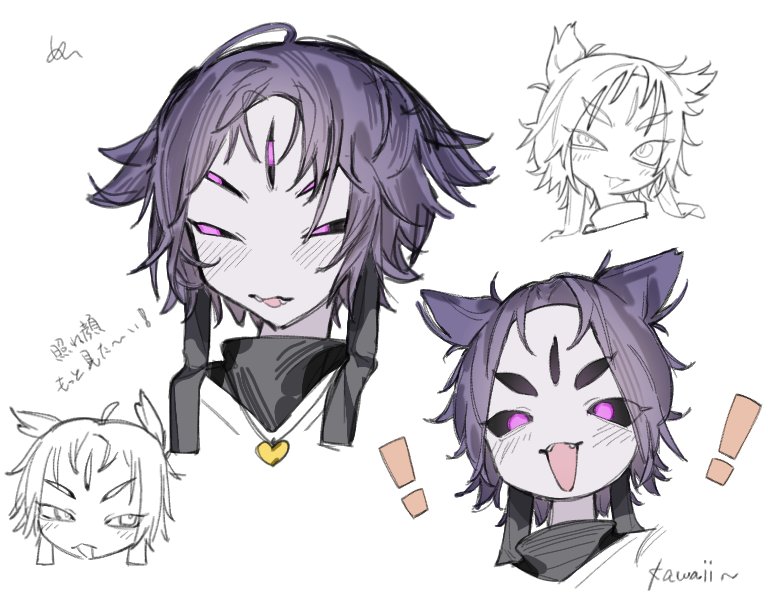 !, 1girl, :d, alternate_universe, arthropod_girl, black_sclera, black_shirt, colored_sclera, colored_skin, commentary_request, cropped_head, extra_eyes, fangs, gold_necklace, heart, heart_necklace, insect_girl, jewelry, looking_at_viewer, looking_to_the_side, mei_(tuboishi), muffet, multiple_views, necklace, open_mouth, pink_eyes, purple_hair, shirt, short_hair, simple_background, smile, spider_girl, translation_request, turtleneck, turtleneck_shirt, two_side_up, undertale, utdr_(toby_fox), white_background, white_skin, xtale