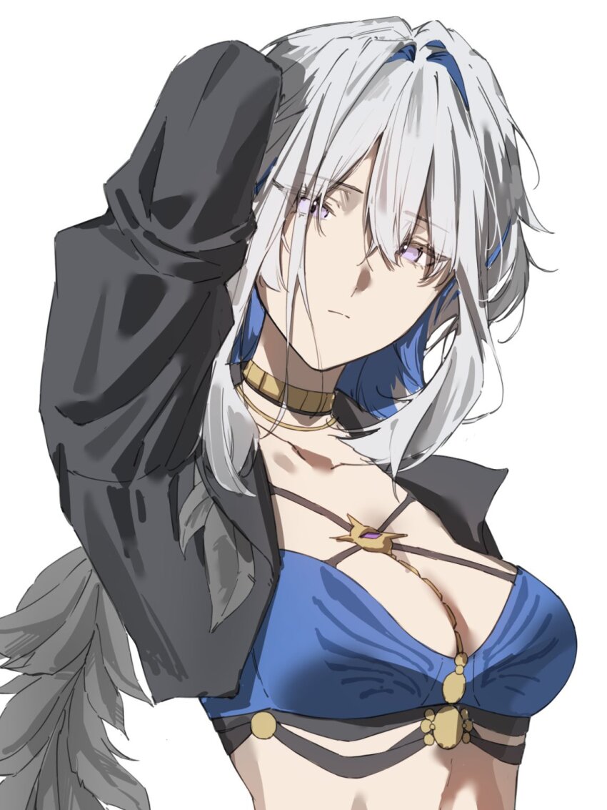 1girl, arm_behind_head, arm_up, black_jacket, blue_bra, blue_hair, bra, breasts