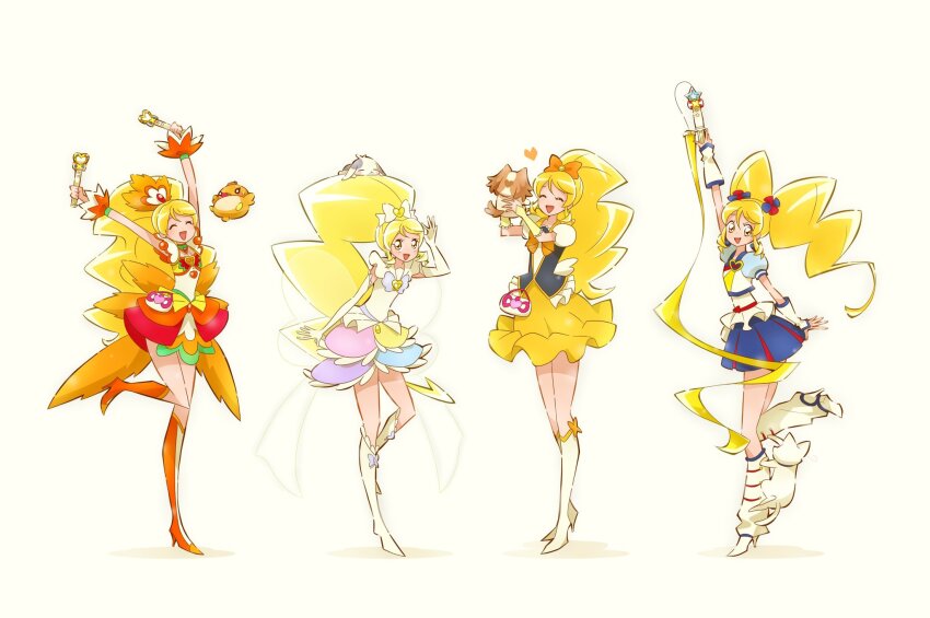 alternate_form, blonde_hair, boots, bow, commentary, cure_honey, cure_honey_(coconut_samba), cure_honey_(innocent_form)