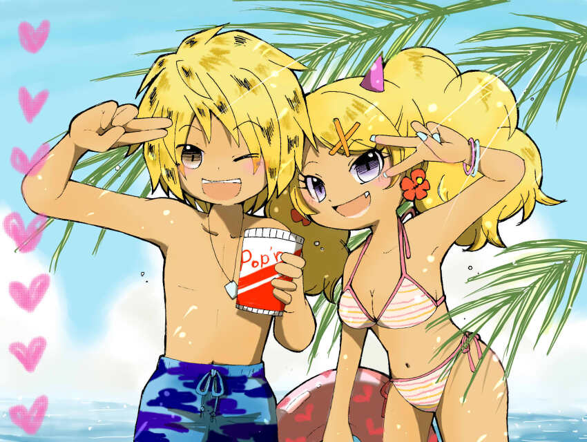 1boy, 1girl, aruru_(artist), beach, bemani, bikini, blonde_hair, breasts, brown_eyes, chara-o, cleavage, dark-skinned_female, dark-skinned_male, dark_skin, fangs, fingernails, ganguro, gyaru, hair_ornament, heart, heart_print, highres, innertube, jewelry, large_breasts, navel, ocean, one_eye_closed, pendant, pop'n_music, purple_eyes, short_hair, swim_ring, swimsuit, tamako_(pop'n_music), v