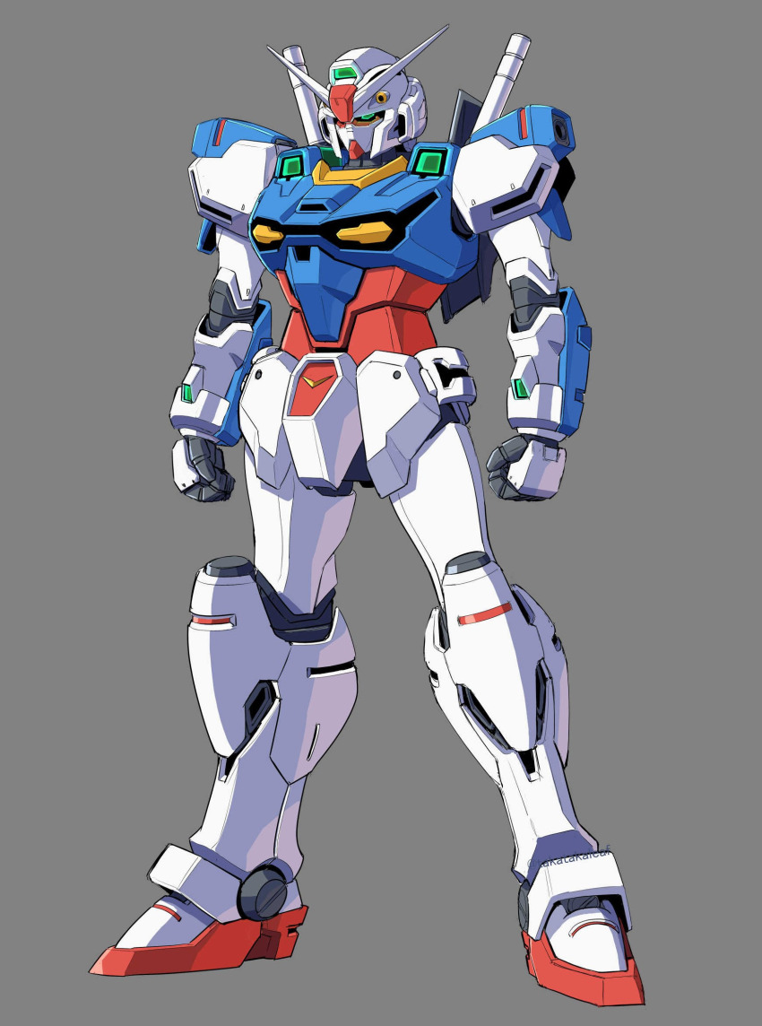 arms_at_sides, clenched_hands, energy_sword, engage_gundam, full_body, green_eyes, grey_background, gundam
