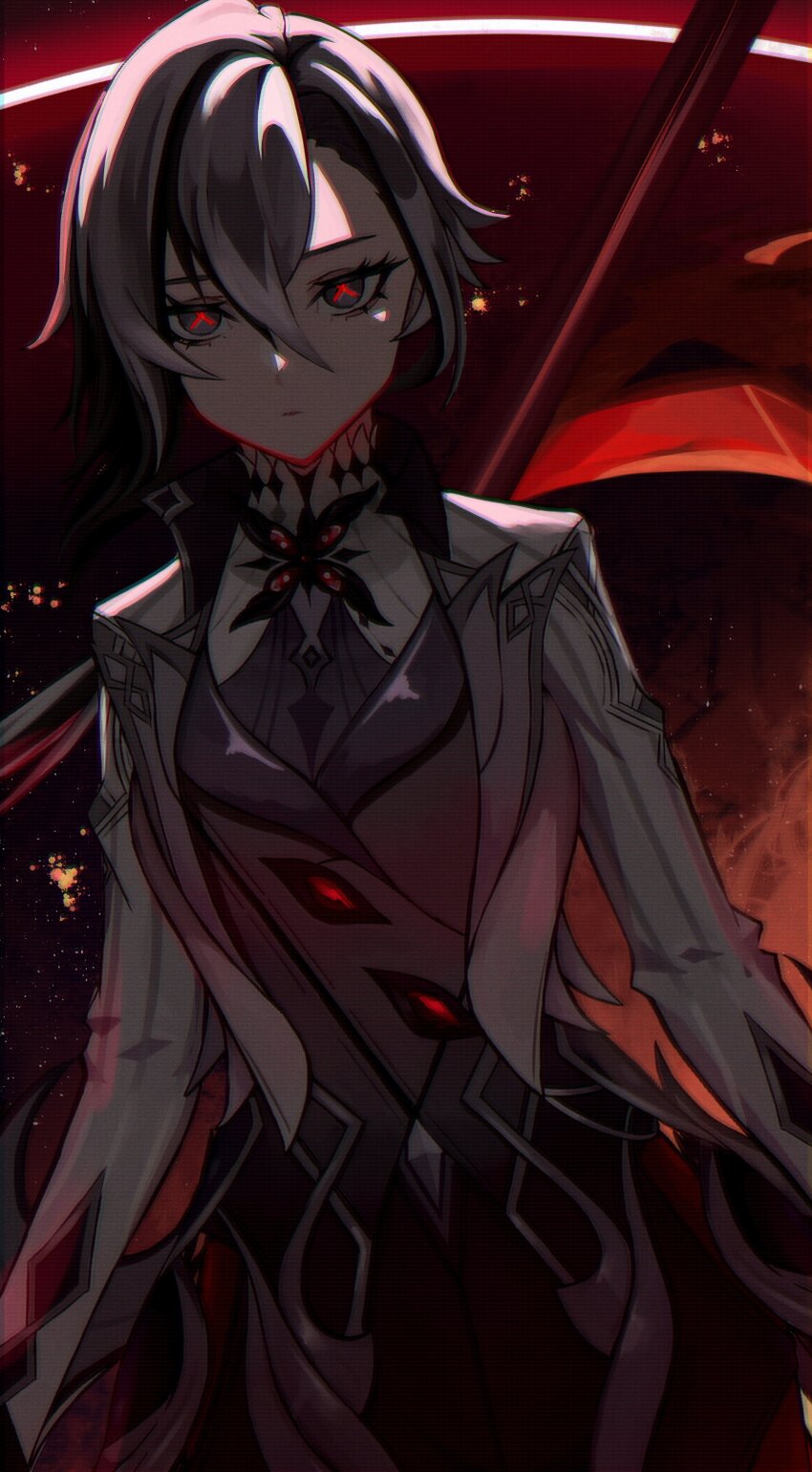 1girl, absurdres, arlecchino_(genshin_impact), black_eyes, black_hair, closed_mouth, coat, commentary_request