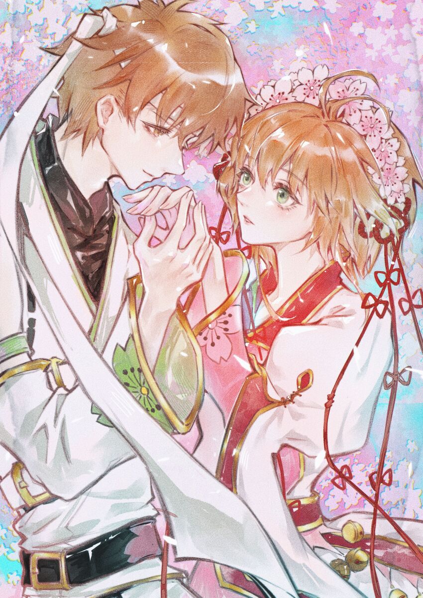 1boy, 1girl, absurdres, antenna_hair, bell, belt, belt_buckle, black_belt