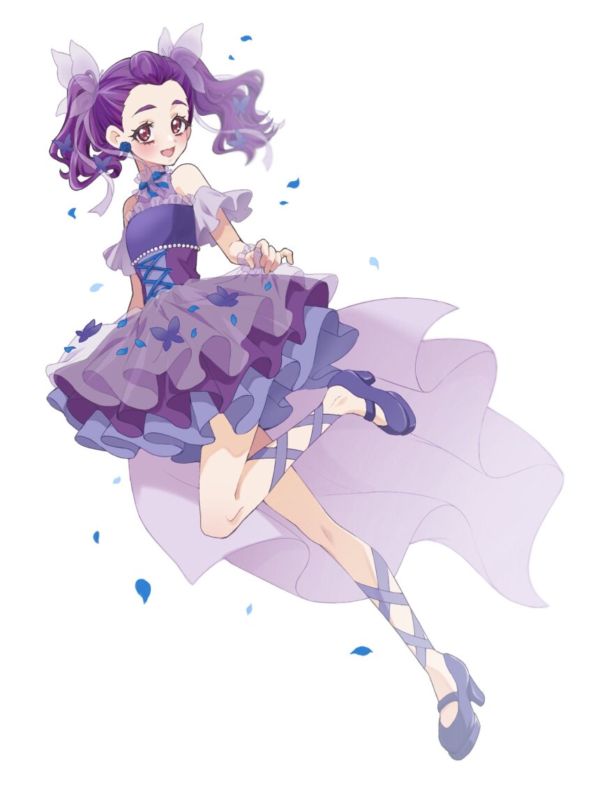 1girl, :d, bangs_pinned_back, blue_choker, blue_petals, blush, butterfly_hair_ornament, choker