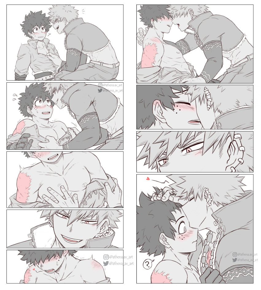 9koma, abs, athena_av, bakudeku, bakugou_katsuki, blush, boku_no_hero_academia, curly_hair, embarrassed, freckles, highres, inminent_sex, kiss, medieval, midoriya_izuku, nervous, pectorals, smile, spiked_hair, undressing, yaoi