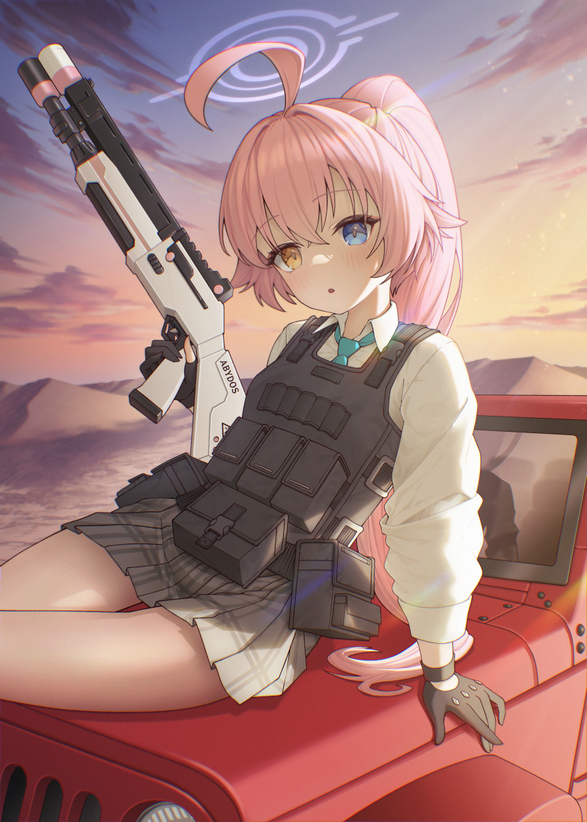 1girl, absurdres, abydos_high_school_logo, ahoge, ammunition_pouch, aqua_necktie, arm_support, beretta_1301