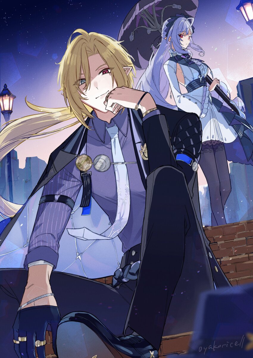 1boy, 1girl, absurdres, arm_out_of_sleeve, ascot, bicep_strap, black_jacket, black_pants