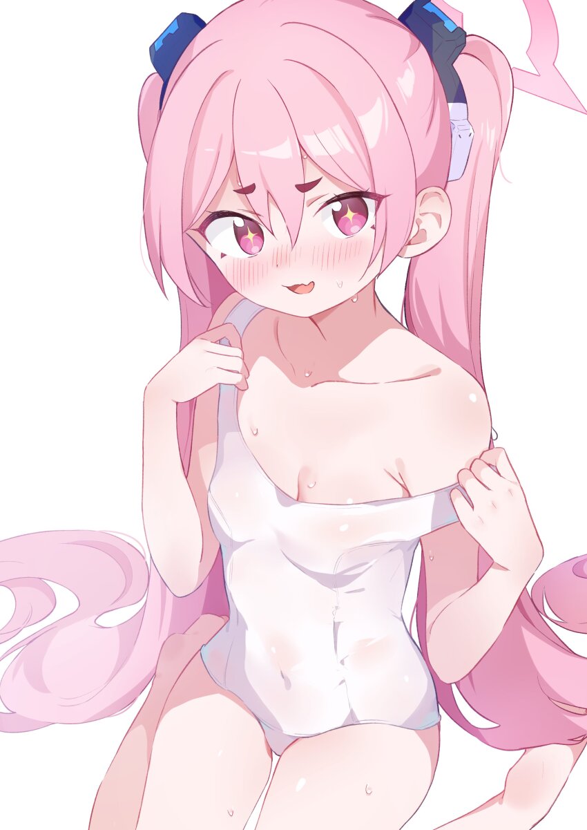 +_+, 1girl, absurdres, bare_legs, bare_shoulders, barefoot, blue_archive, blush, breasts, cleavage, collarbone, covered_navel, fang, feet, hair_between_eyes, halo, hands_up, highres, koyuki_(blue_archive), loli, long_hair, looking_at_viewer, monon_tulle, nose_blush, off_shoulder, one-piece_swimsuit, open_mouth, pink_eyes, pink_hair, pink_halo, pulling_own_clothes, school_swimsuit, short_eyebrows, simple_background, sitting, skin_fang, small_breasts, smile, solo, star-shaped_pupils, star_(symbol), swimsuit, symbol-shaped_pupils, thighs, twintails, very_long_hair, wariza, wet, white_background, white_one-piece_swimsuit, white_school_swimsuit