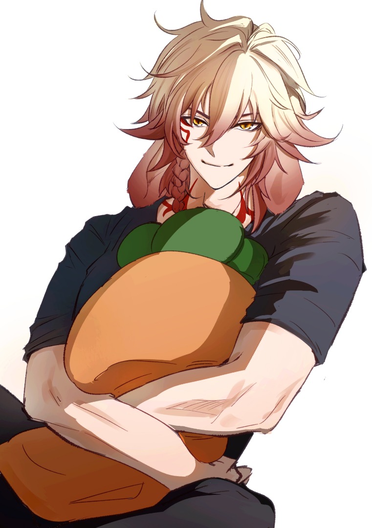 1boy, black_pants, black_shirt, blonde_hair, commentary, english_commentary, gradient_hair, honkai:_star_rail, honkai_(series), looking_at_viewer, male_focus, medium_hair, multicolored_hair, mydei_(honkai:_star_rail), pants, red_hair, shirt, short_sleeves, simple_background, solo, stuffed_toy, tofuyafuu9, white_background, yellow_eyes