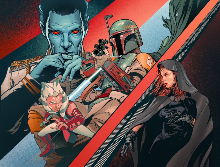 2boys, 2girls, ahsoka_tano, alien, black_bodysuit, black_cloak, black_gloves, black_hood