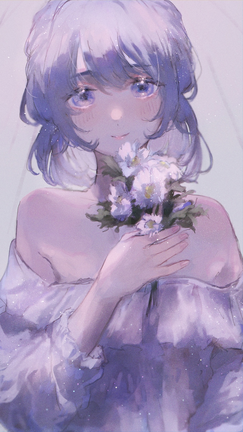 1girl, absurdres, bare_shoulders, bouquet, closed_mouth, collarbone, collared_dress, crown_belt_buckle