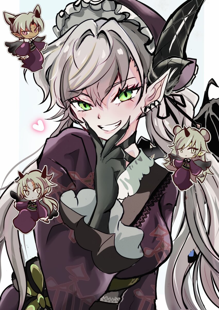 4girls, bat_wings, black_nails, coccorope, demon_horns, drei_(fate), earrings, eins_(fate)