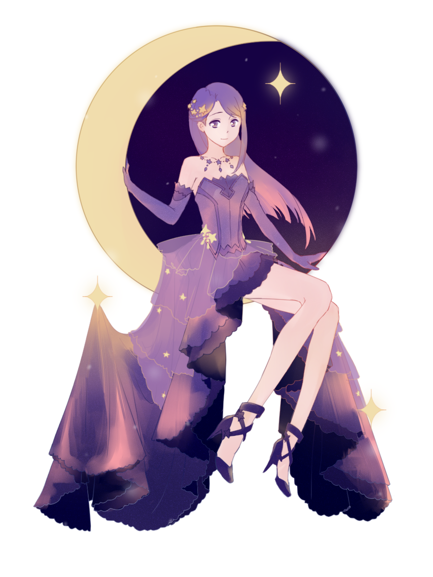 1girl, anklet, bare_legs, bare_shoulders, blunt_ends, closed_mouth, crescent_moon, cross-laced_shoes