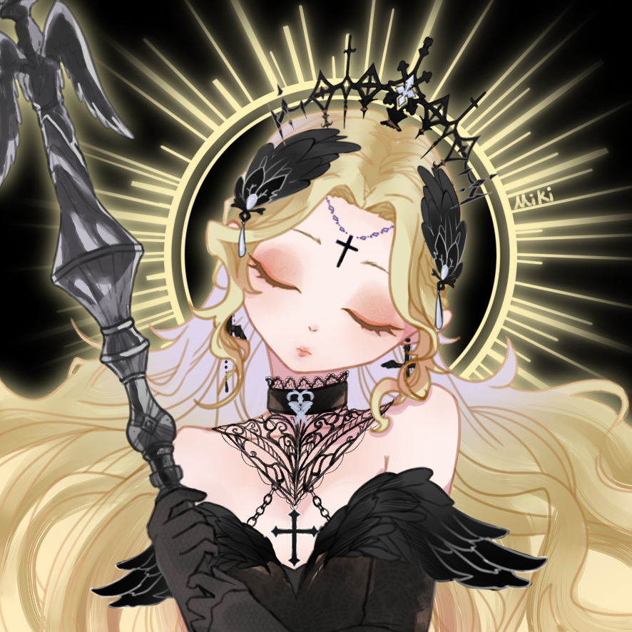 1girl, bare_shoulders, black_background, black_choker, black_collar, black_dress, black_gloves, blonde_hair