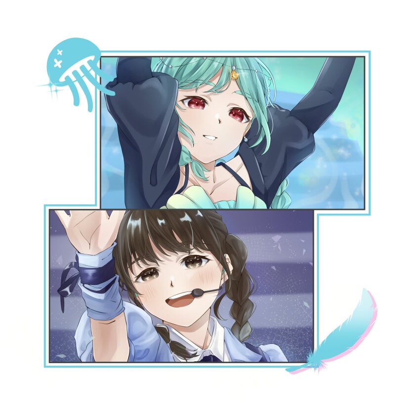 2girls, animification, aqua_hair, arms_up, braid, brown_eyes, brown_hair, bubble_rise_(love_live!)