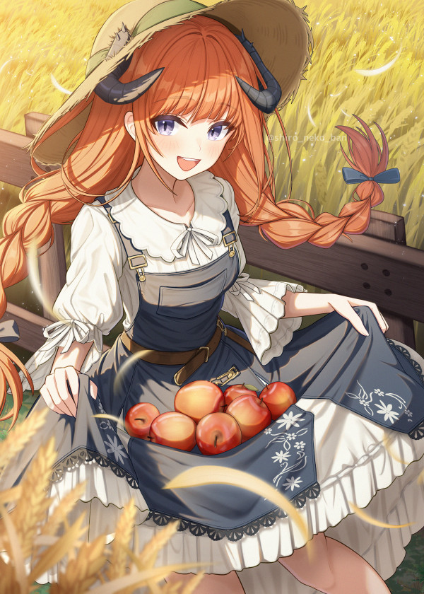 1girl, :d, apple, arknights, bagpipe_(arknights), bagpipe_(echo_of_bagpipes)_(arknights), blue_overalls, braid