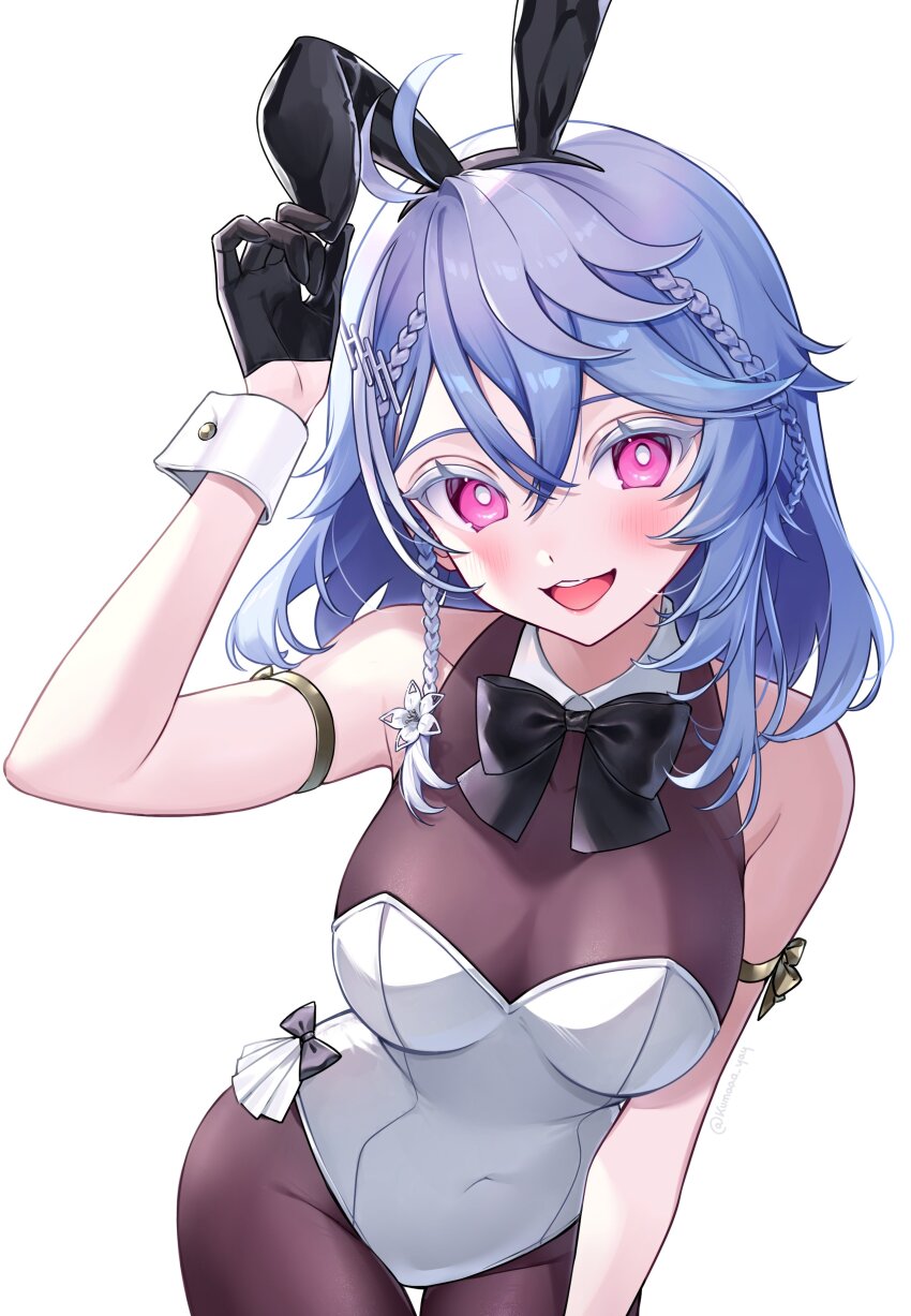 1girl, absurdres, animal_ear_hairband, animal_ears, black_bow, black_bowtie, black_gloves, blue_hair