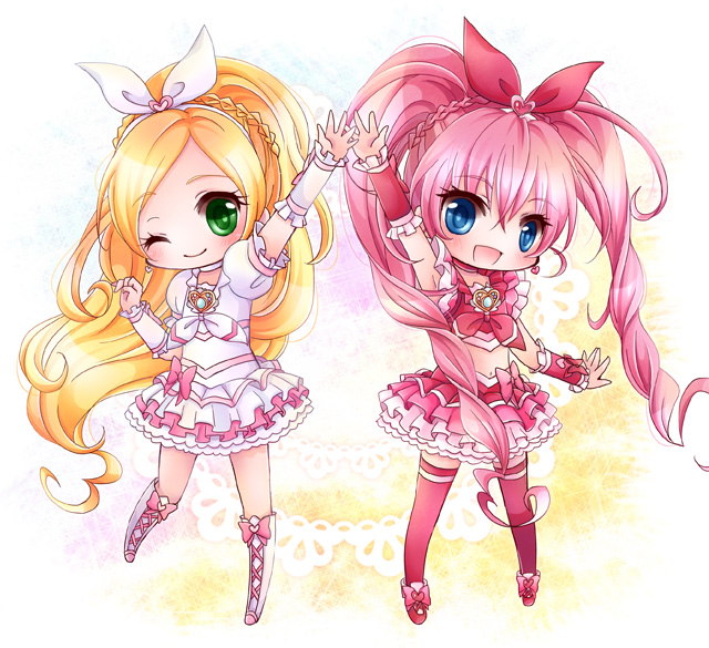 10s, 2girls, :d, arm_up, blonde_hair, blue_eyes, boots, bow