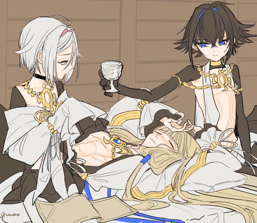 3boys, abs, ahoge, androgynous, arms_up, black_choker, black_hair, black_shrug