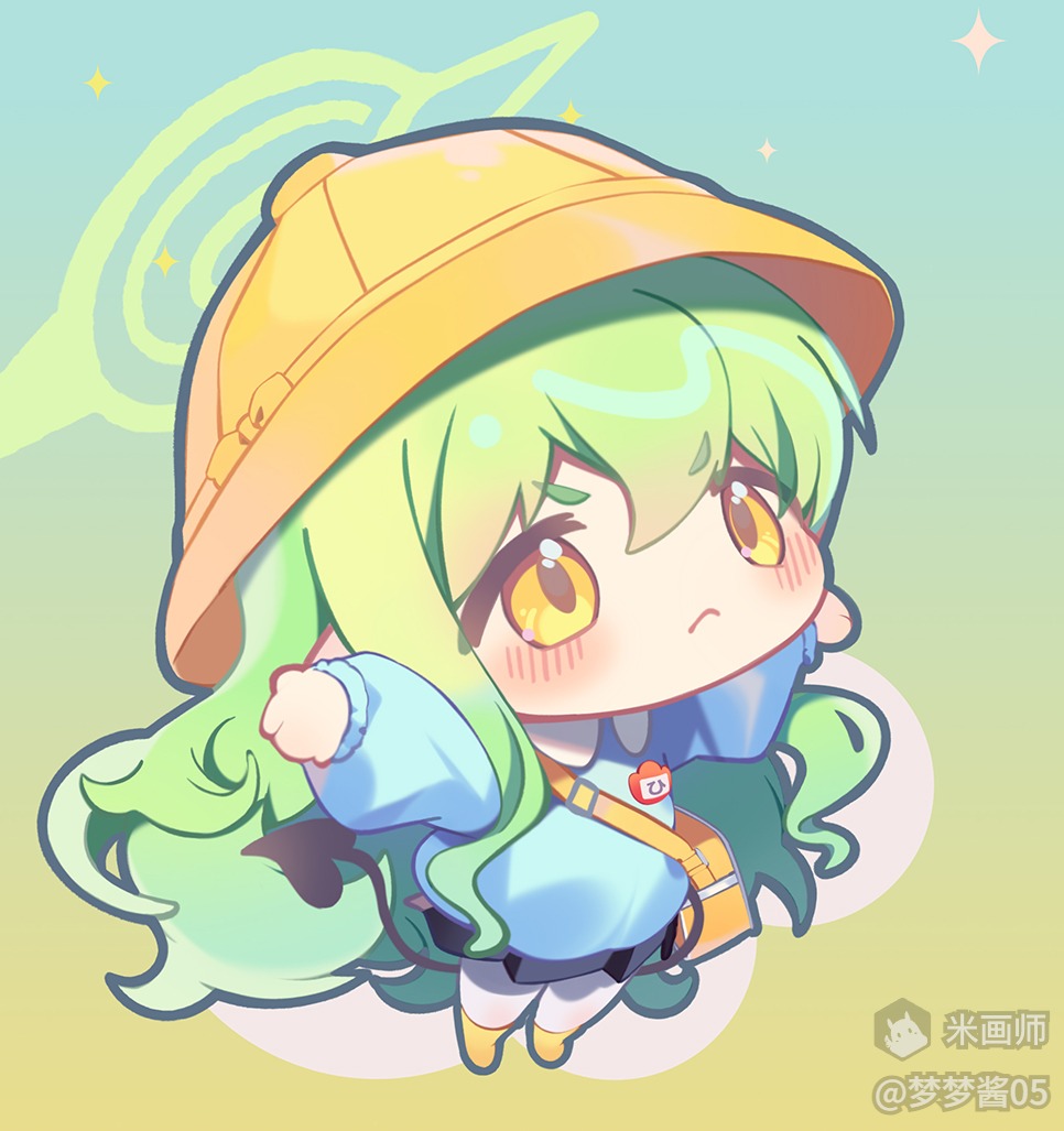 1girl, bag, blue_archive, blue_background, blue_shirt, blue_skirt, blush, chibi