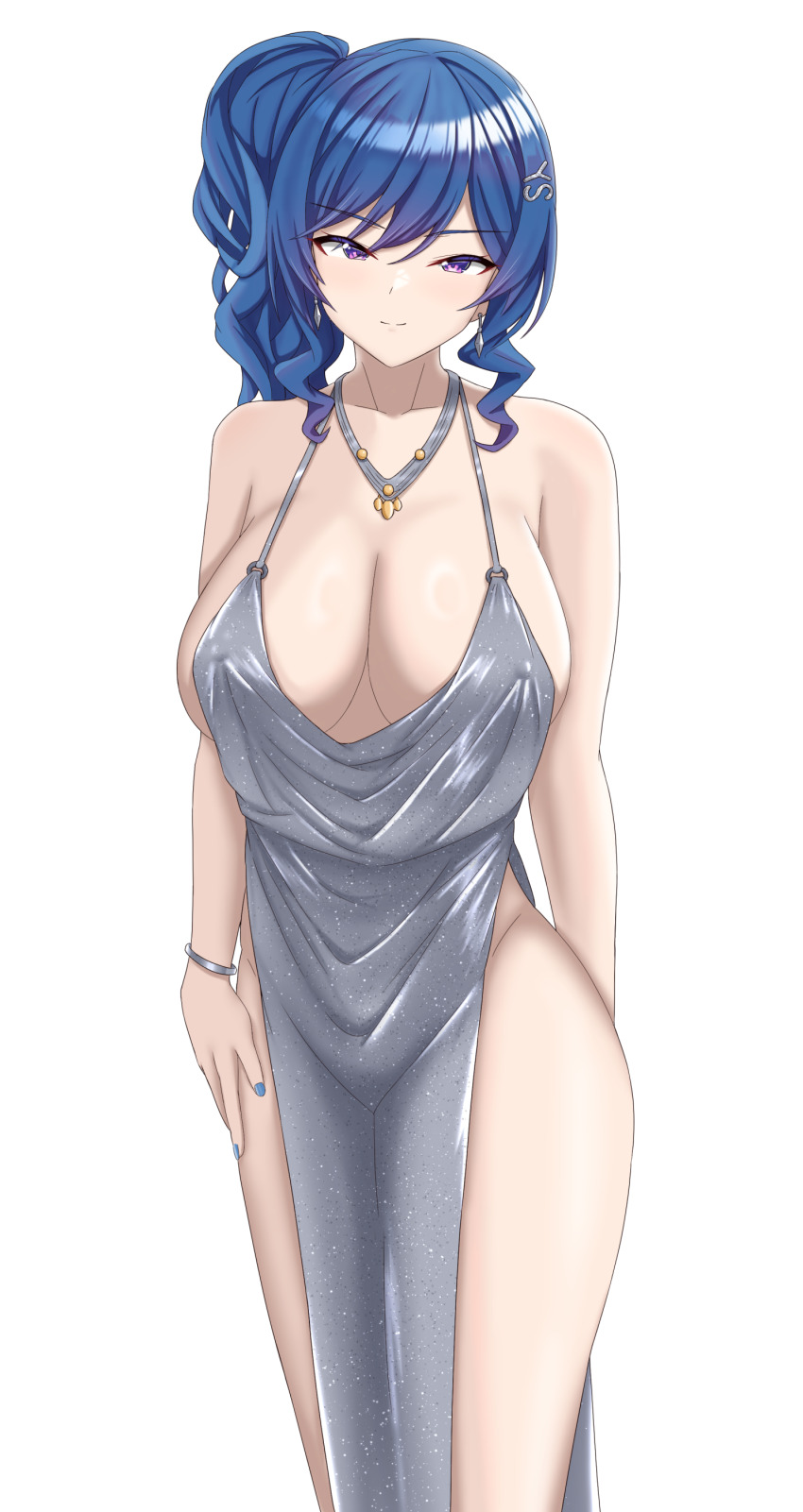 1girl, absurdres, azur_lane, bare_shoulders, blue_hair, blue_nails, bracelet, breasts, cleavage, collarbone, covered_erect_nipples, dress, earrings, evening_gown, glitter_dress, hair_between_eyes, hair_ornament, halter_dress, halterneck, highres, jewelry, large_breasts, long_hair, looking_at_viewer, midori_mushi, necklace, official_alternate_costume, pelvic_curtain, plunging_neckline, purple_eyes, revealing_clothes, side_ponytail, sidelocks, silver_dress, simple_background, smile, solo, st._louis_(azur_lane), st._louis_(luxurious_wheels)_(azur_lane), thighs, white_background