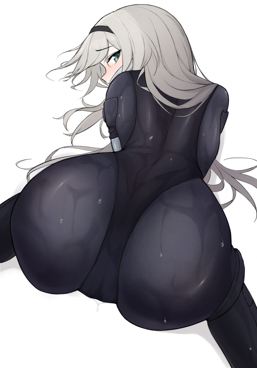 1girl, an-94_(girls'_frontline), an-94_(the_diving_bell_and_the_doll)_(girls'_frontline), aqua_eyes, ass, black_hairband, black_wetsuit, blush