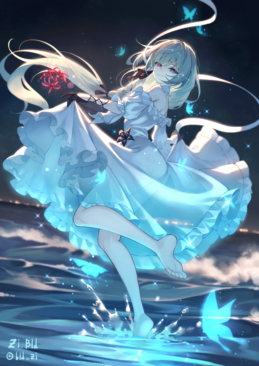 1girl, absurdres, alternate_universe, artist_name, bare_shoulders, barefoot, black_gloves, blake_bloom_(wuthering_waves)