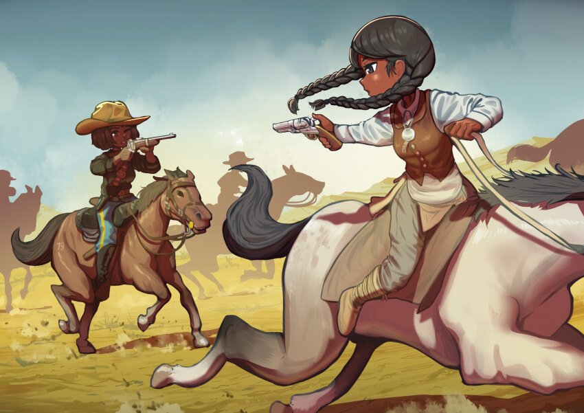 2girls, aiming, braid, bridle, cavalry, chasing, commentary, commission, copyright_request, cowboy, dark-skinned_female, dark_skin, english_commentary, erica_(naze1940), gun, handgun, highres, holding, holding_gun, holding_weapon, horse, horseback_riding, multiple_girls, native_american, pants, reins, revolver, riding, rifle, saddle, saddle_blanket, second-party_source, twin_braids, vest, weapon, western
