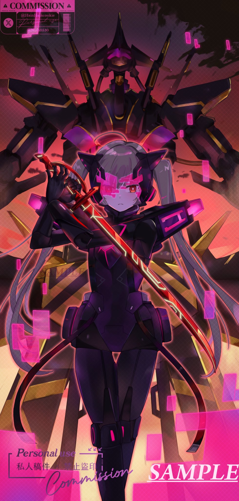 1girl, duel_monster, grey_hair, highres, holding, holding_weapon, hsin, long_hair