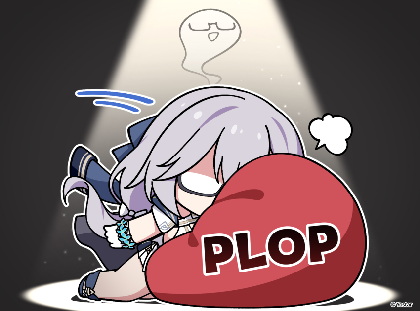 1girl, bean_bag_chair, black-framed_eyewear, black_background, blue_coat, canace_(stella_sora), chibi, chibi_only