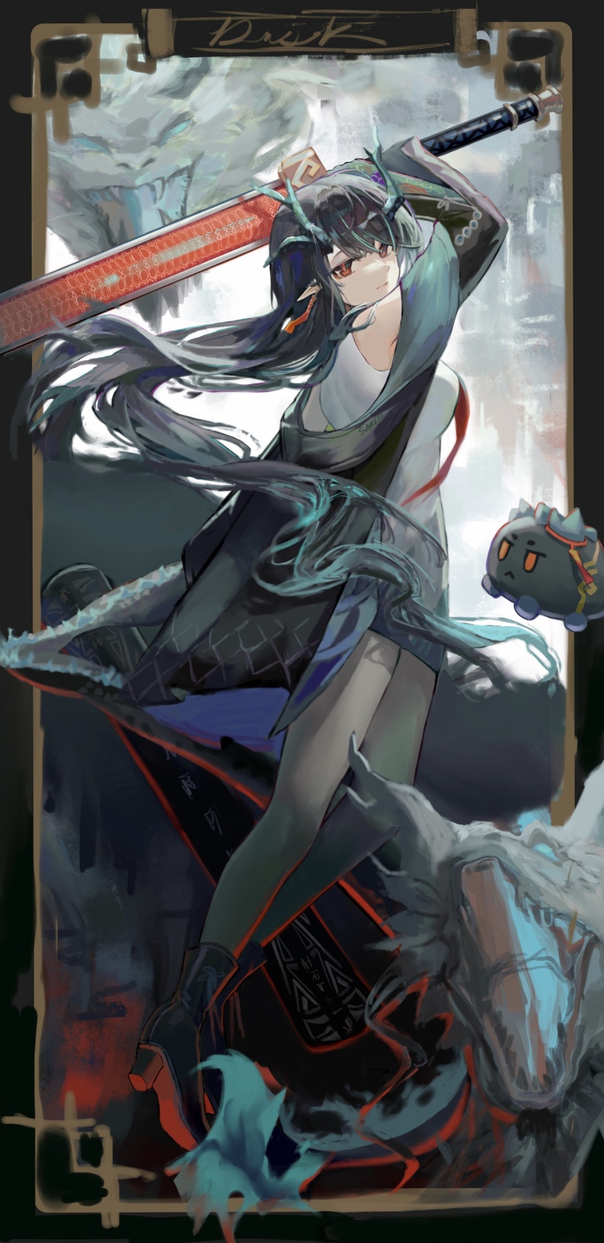 1girl, absurdres, arknights, artist_name, bare_shoulders, black_boots, black_hair, black_jacket