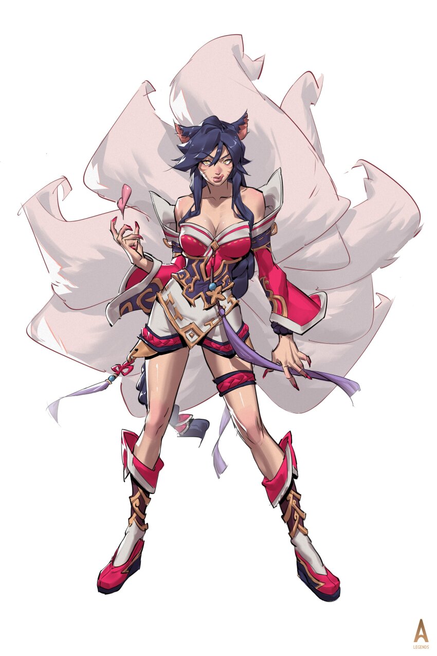 1girl, absurdres, ahri_(league_of_legends), animal_ears, bare_shoulders, black_hair, breasts, cleavage