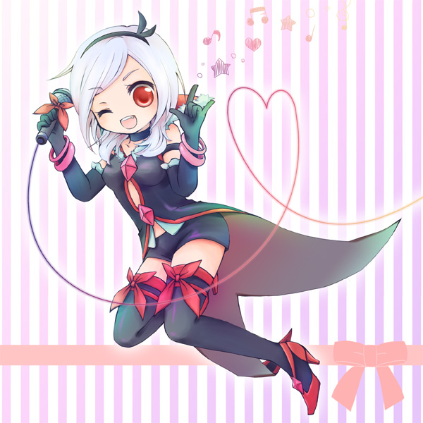 00s, 1girl, ;d, bike_shorts, black_gloves, black_neckwear, black_shorts, black_thighhighs