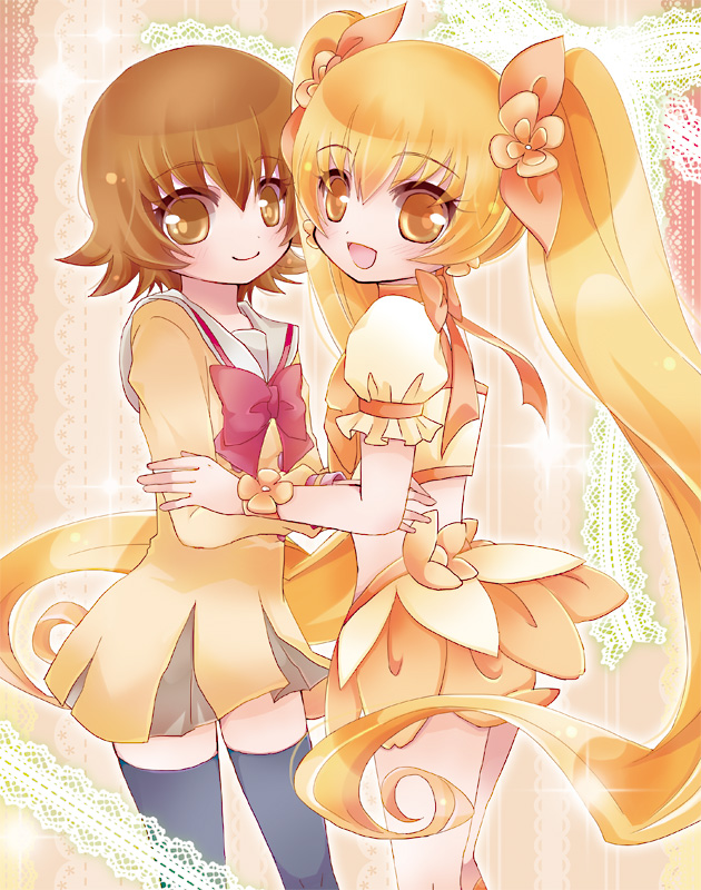 10s, 2girls, black_legwear, blonde_hair, bow, brown_eyes, brown_hair, choker