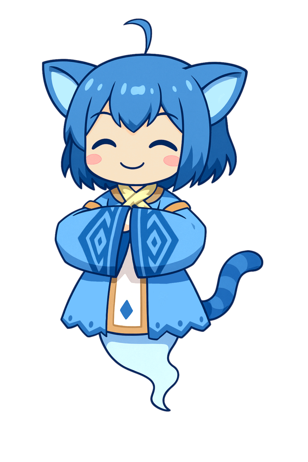 1girl, ^_^, ahoge, animal_ears, arctrus, blue_dress, blue_hair, blue_tail, blush_stickers, cat_ears, cat_girl, cat_tail, closed_eyes, dress, emil_chronicle_online, ghost_girl, ghost_tail, highres, nekomata_ai, smile, solo, tail