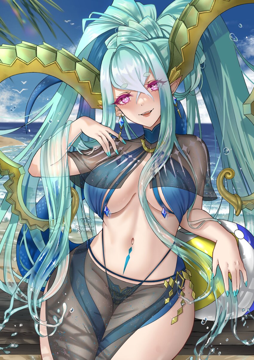 1girl, absurdres, aqua_hair, beach, bikini, blue_bikini, blush, braid