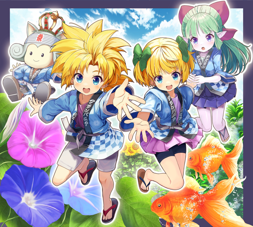 2boys, 2girls, :d, air_bubble, alternate_costume, animal_ears, bike_shorts, bike_shorts_under_skirt