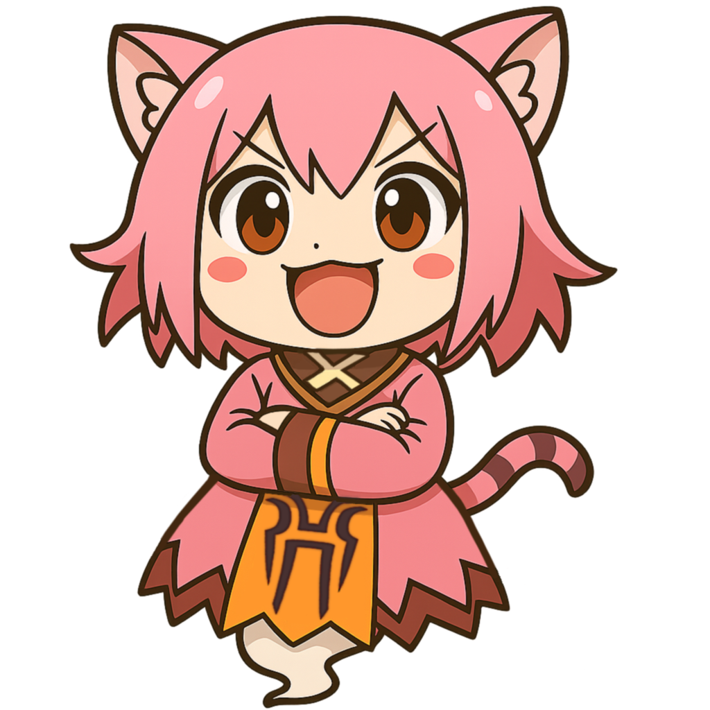 1girl, animal_ears, arctrus, blush_stickers, brown_eyes, cat_ears, cat_girl, cat_tail, crossed_arms, dress, emil_chronicle_online, ghost_girl, ghost_tail, nekomata_momo, open_mouth, pink_dress, pink_hair, pink_tail, solo, tail, v-shaped_eyebrows, white_background