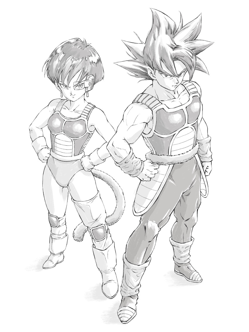 1boy, 1girl, absurdres, arm_warmers, bardock, boots, commentary_request, cross_scar