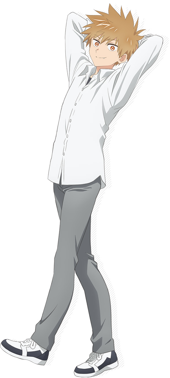 1boy, anime_coloring, arms_behind_head, arms_up, brown_eyes, brown_hair, closed_mouth, collared_shirt