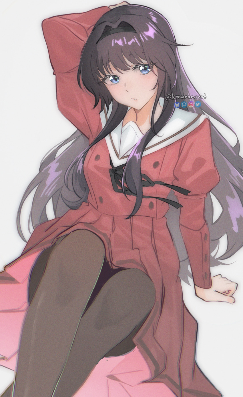 1girl, absurdres, arm_behind_head, arm_up, bilingual_commentary, black_hairband, black_pantyhose, black_ribbon, blue_eyes, brown_hair, buttons, double-breasted, feet_out_of_frame, hair_intakes, hairband, highres, kaoru_hana_wa_rin_to_saku, kikyo_private_academy_school_uniform, knees_up, knowname, long_hair, long_sleeves, looking_at_viewer, mixed-language_commentary, pantyhose, parted_lips, pink_serafuku, pink_shirt, pink_skirt, pleated_skirt, ribbon, sailor_collar, school_uniform, serafuku, shirt, simple_background, sitting, skirt, twitter_username, very_long_hair, waguri_kaoruko, white_sailor_collar