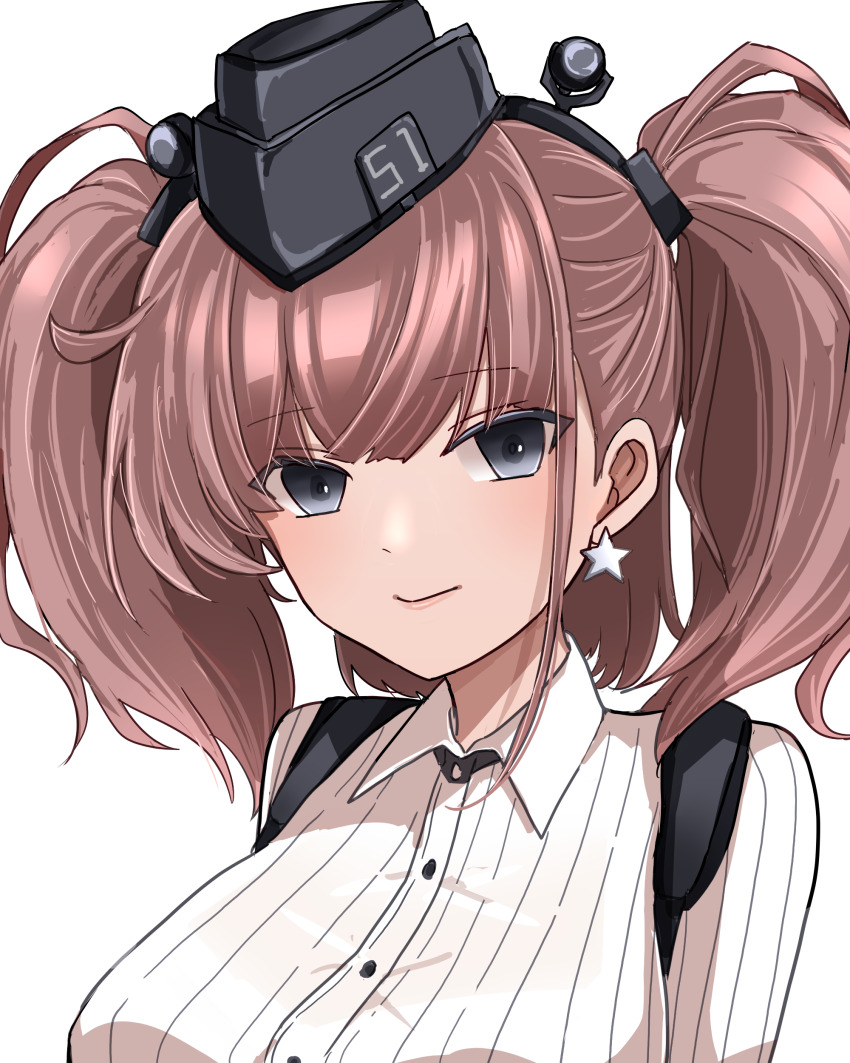 1girl, absurdres, atlanta_(kancolle), black_hat, breasts, brown_hair, dress_shirt, earrings, garrison_cap, grey_eyes, hat, highres, jewelry, kantai_collection, large_breasts, long_hair, looking_at_viewer, shirt, single_earring, solo, star_(symbol), star_earrings, suspenders, two_side_up, upper_body, white_shirt, ym_1221