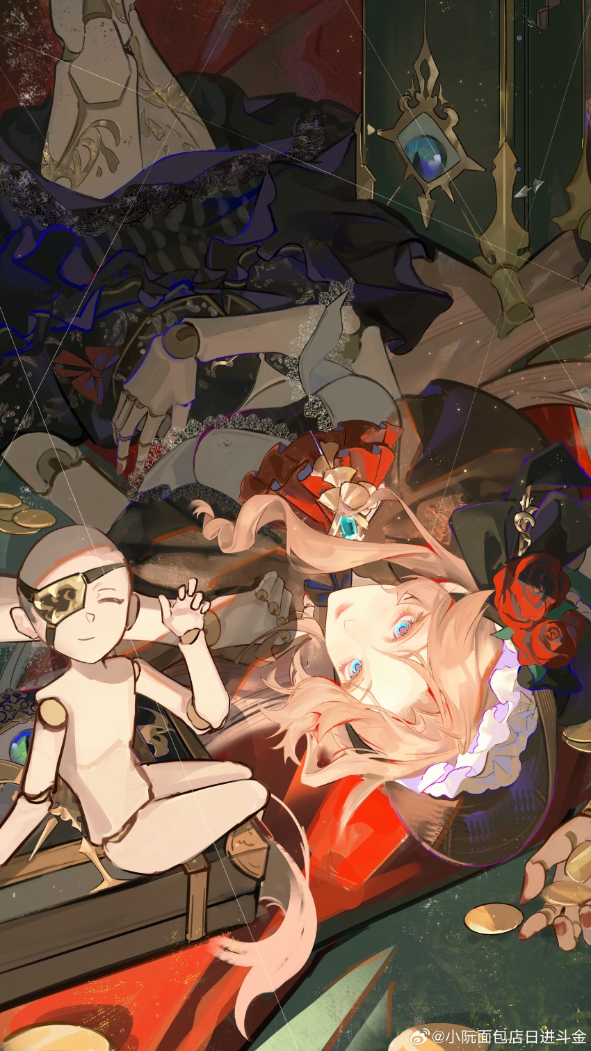 1girl, absurdres, aqua_gem, ascot, bella_(silver_and_blood), black_capelet, black_dress, black_ribbon