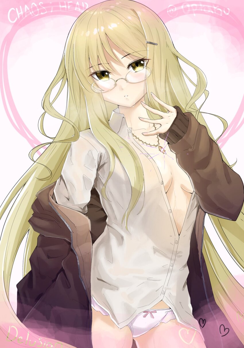 1girl, bead_necklace, beads, bow, bow_panties, breasts, brown_jacket, chaos;head